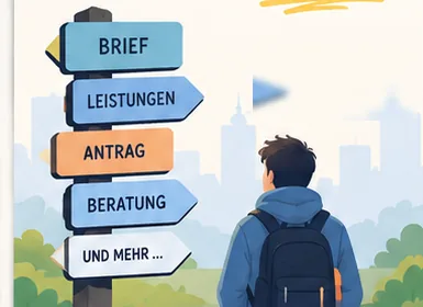 Illustration: Eine Person steht an einem Wegweiser mit Brief, Leistungen, Antrag und Beratung.